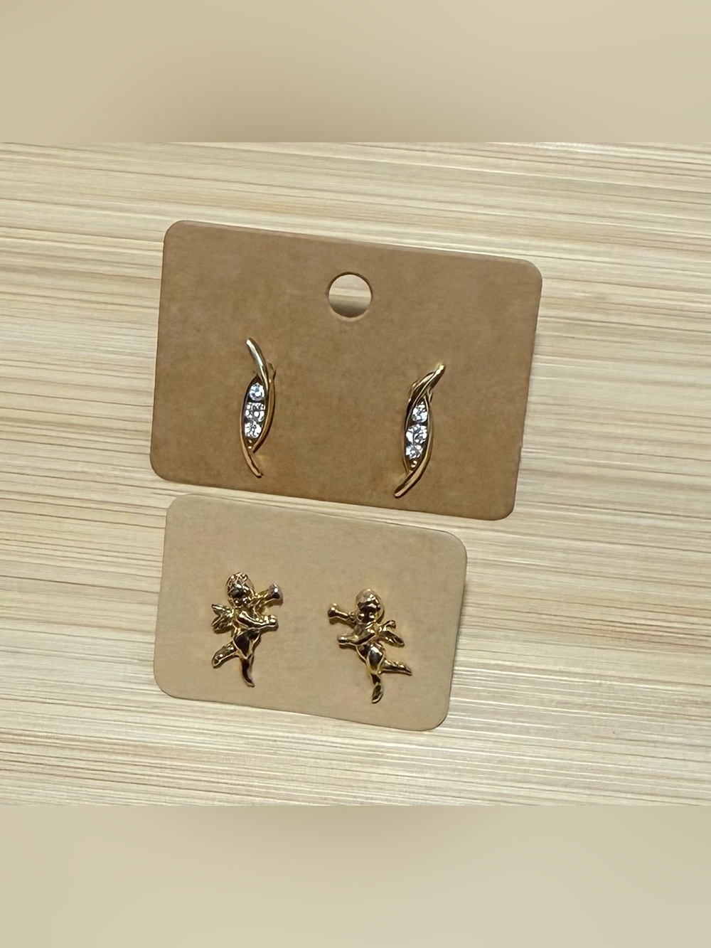 Gold Crystal Accent and Cherub Stud Earring Set
